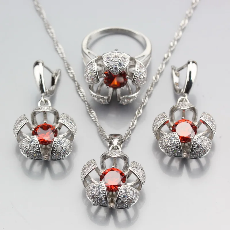 

Three-Dimensional 925 Sterling Silver Red Garnet Flower Wedding Jewelry Sets For Women Ring 6/7/8/9/10 JS382