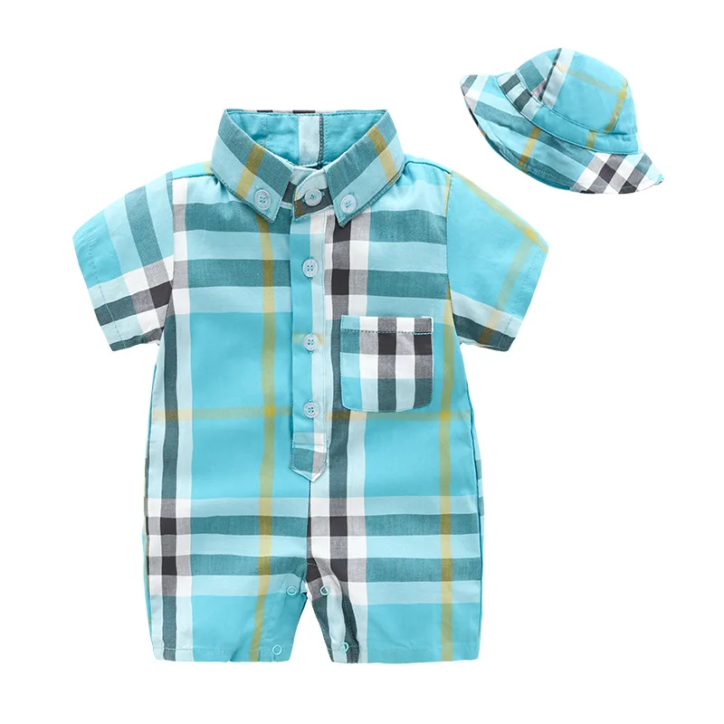 

Summer Newborn Baby Boys Infant Gentleman Plaid Rompers+Hat 2Pcs Outfit Baby Boys Shirt Clothes Set Kid Outfit Toddler Children