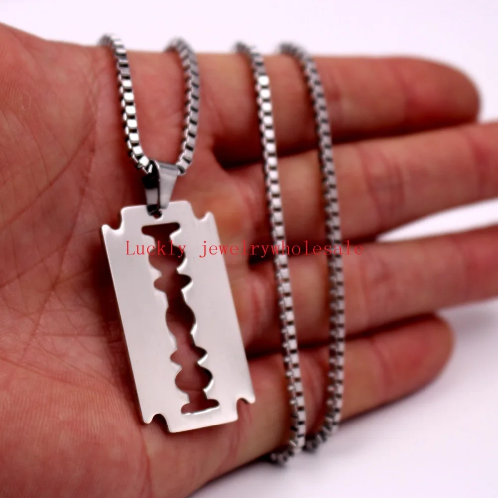 High Polished Men's Stainless Steel Double Edge Blade Necklace Pendant