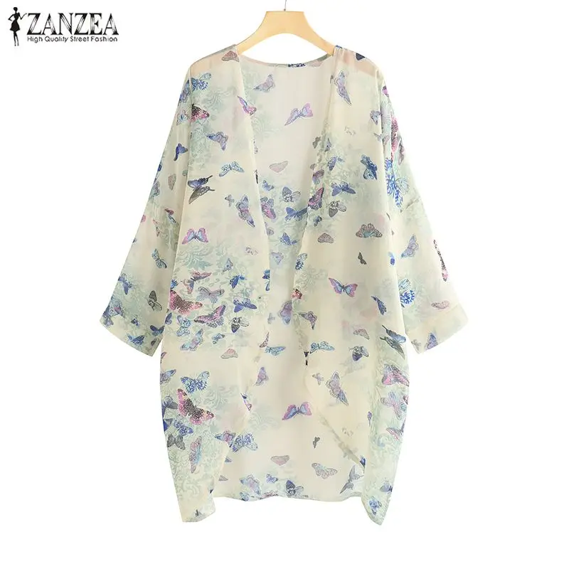 

ZANZEA Summer Tunic Cardigan Women Floral Printed Long Kimono Ladies Chiffon Tops Blouses Long Sleeve Work Office Outwear Shirts