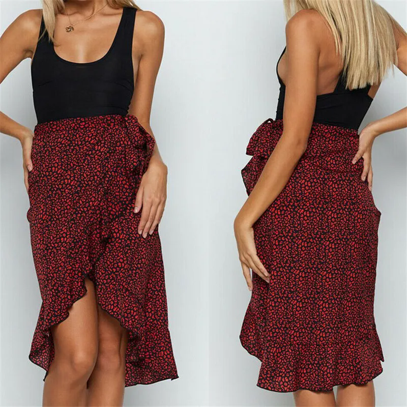 

Women Lady Red Leopard Print Sashes Elastic High Waist Bodycon Wrap front Split Midi Skirt Party Cocktail Clubwear