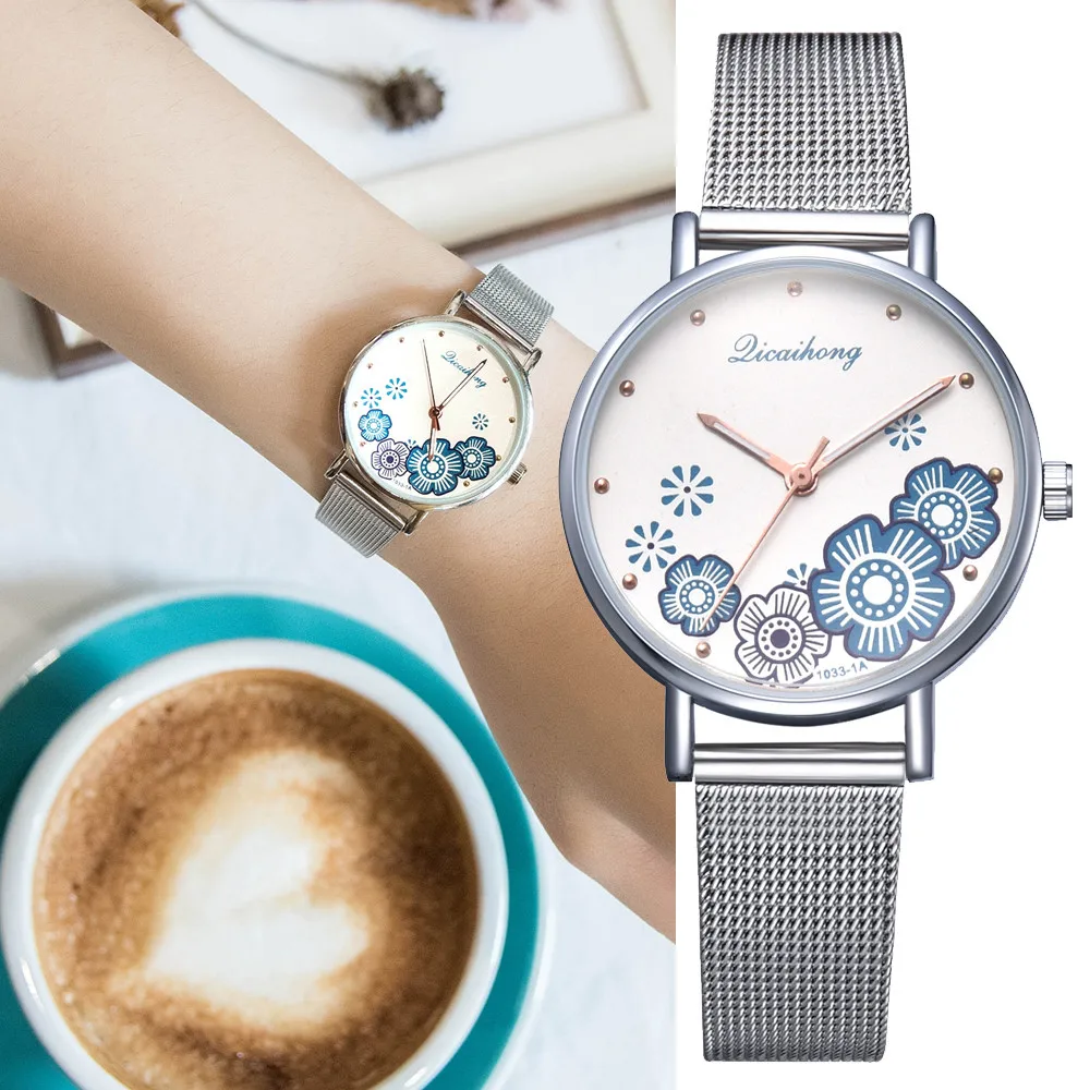 

Luxury Fashion Women Watch Stainless Steel Analog Quartz Flower Shape Wristwatch Fashion Silver And Gold Mesh Band Creative A40