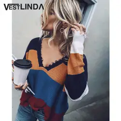 VESTLINDA свитер женский с глубоким вырезом с длинным рукавом цветной блок потертый Свободный пуловер Топы женские осенние тянуть роковой