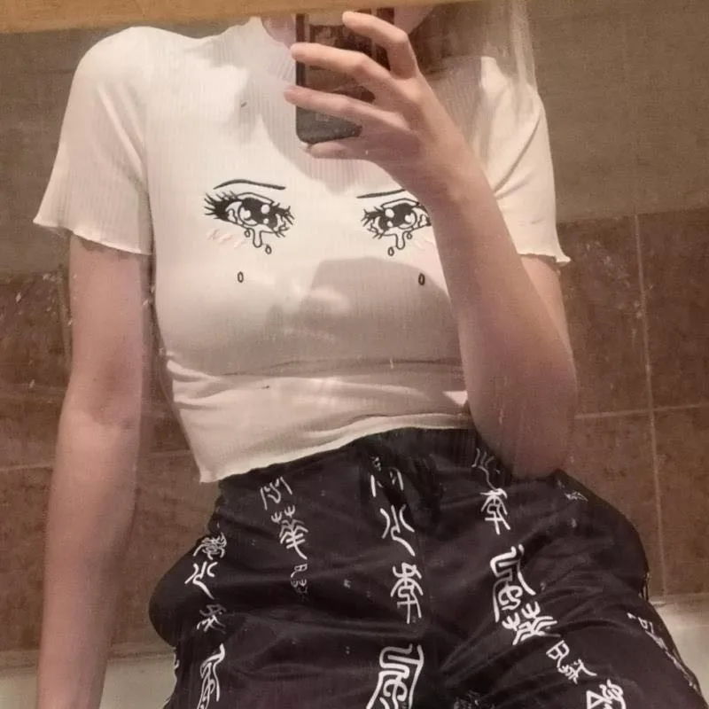 

Harajuku Eyes Embroidery Women O Neck T-shirt 2019 Summer Fashion Short Sleeve Crop Tops