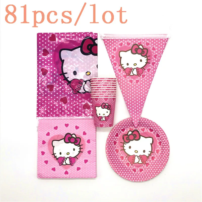 

Disposable Tableware 81Pcs /Lot Paper Plates +Cups+Napkins+Flags+Tablecloth Hello Kitty Theme Design Birthday Party Supplies