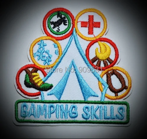 1X Girl Boy Club CAMPING OUTDOOR SKILLS White Fun Patches Crests Badges SCOUTS GUIDE IRON ON PATCH APPLIQUES