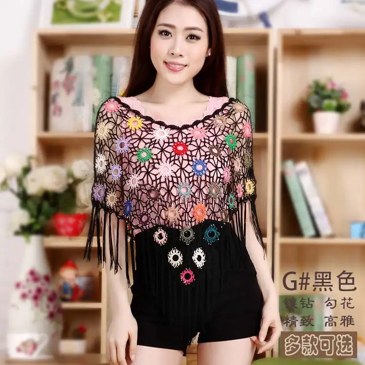 Summer Style Ice Silk Thin Lace Blouse Lady Sunscreen Crochet Shawl Hollow Out Flower Patterns Cape shirts blusas womens shirts and blouses