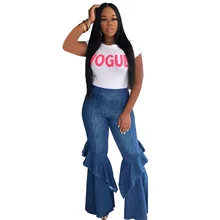 Весна Осень Женские джинсы с оборками модные длинные расклешенные джинсовые рваные джинсы для женщин большие размеры брюки женские