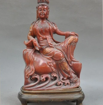 

10" Old Chinese Buddhism Joss Shoushan Stone Hand-Carved Guanyin Kwan-yin Statue