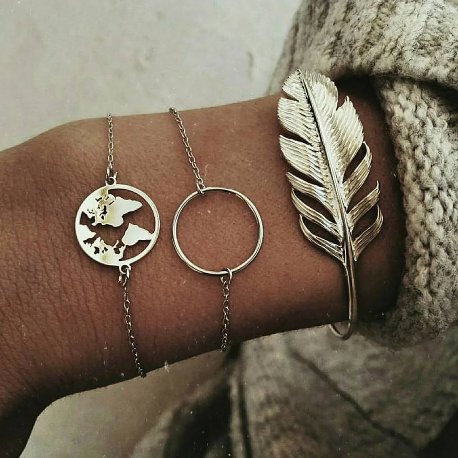 

New 3Pices/Set Bracelets Fashion Women Jewelry Bracelet Sliver feather&Round Bracelet Ladies's Gifts pulseras mujer moda 2018