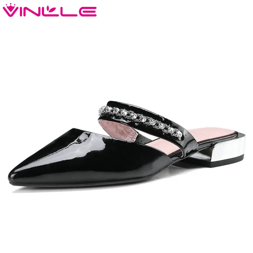 

VINLLE 2018 Summer Women Pumps Pointed Toe Square Low Heel Slip On Genuine Leather Black Ladies Wedding Shoes Size 34-42