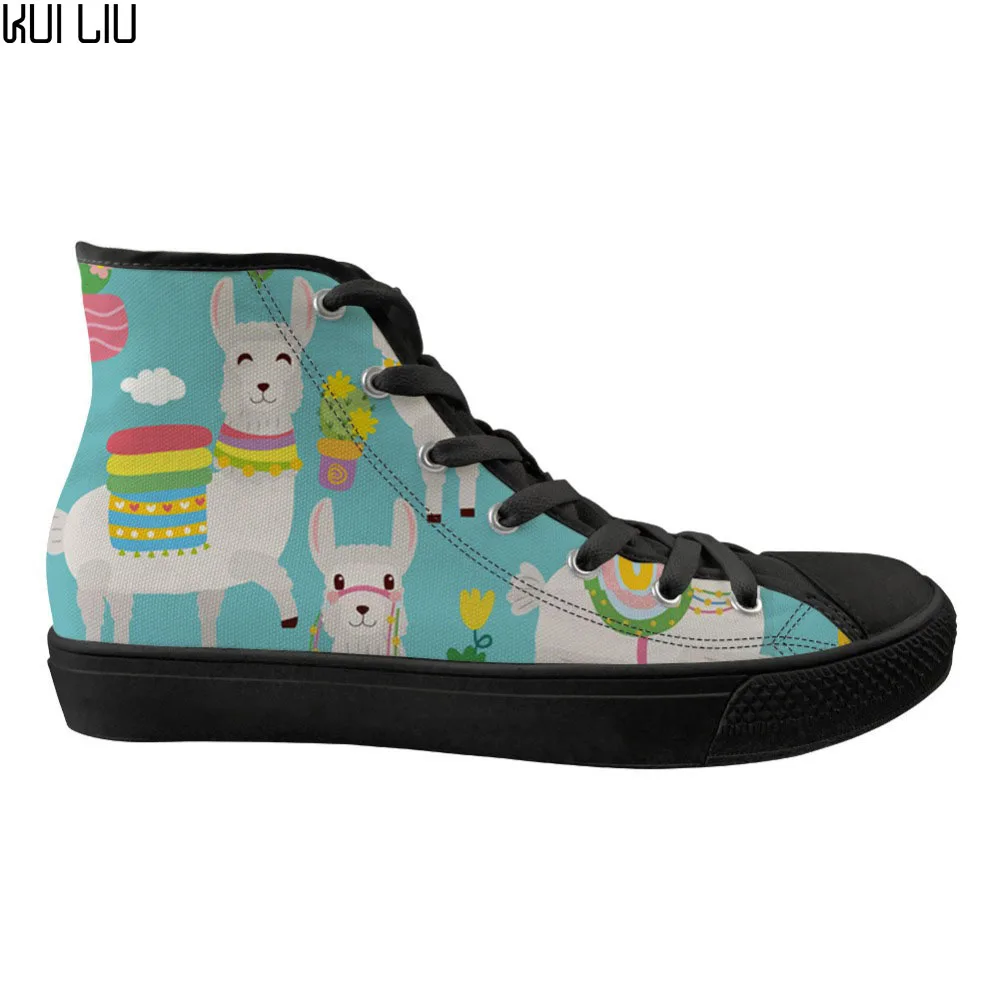 

Customized Cute Cartoon Alpaca Pattern High Top Flats Women Shoes Casual Canvas Sneakers for Ladies Lace-up Tenis Feminino 2019