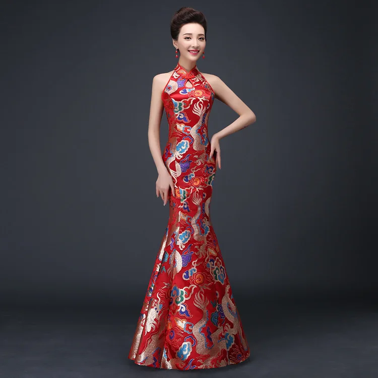 Китайское традиционное платье Красный Qipao Oriental вечернее для женщин спинки Cheongsam Восточно-китайское платье Chines длинные Qi Pao QL