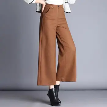 

Winter Fall Fashion Elegant Woman Office Lady Wide Leg High Waisted Black Brown Wool Pants , Women 4xl Ankle Length Trousers