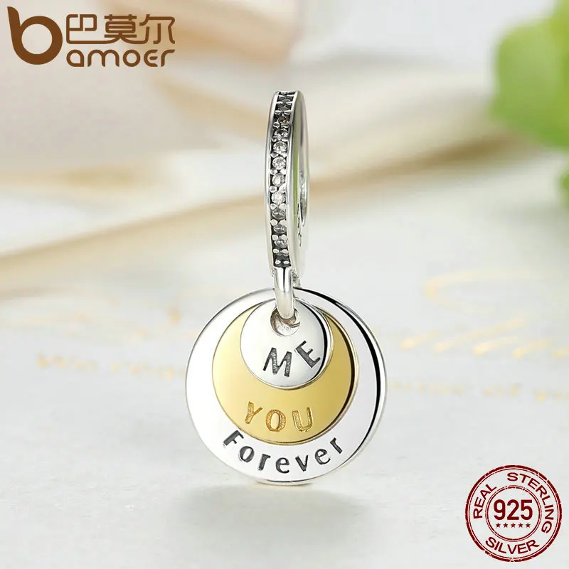 BAMOER Romantic Gift 925 Sterling Silver You & Me Forever, Clear CZ Round Pendant Charms fit Bracelet DIY Jewelry PSC017