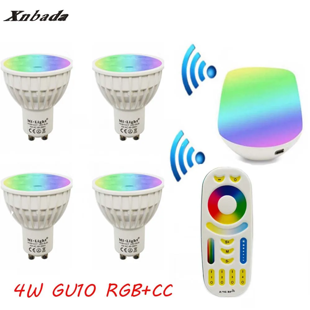 

2.4G Gu10 4W Led Lamp AC85-265V, Mi Light RGB+CCT Led bulb light + IBX1 Remote Wifi+RGBW Remote Led light Free shipping
