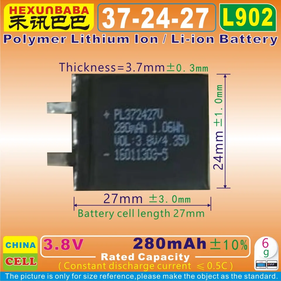 

4pcs [L902] 3.8V 280mAh [372427] Polymer lithium ion / Li-ion battery for voice recorder pen,smartband;bluetooth,mp3,smart watch