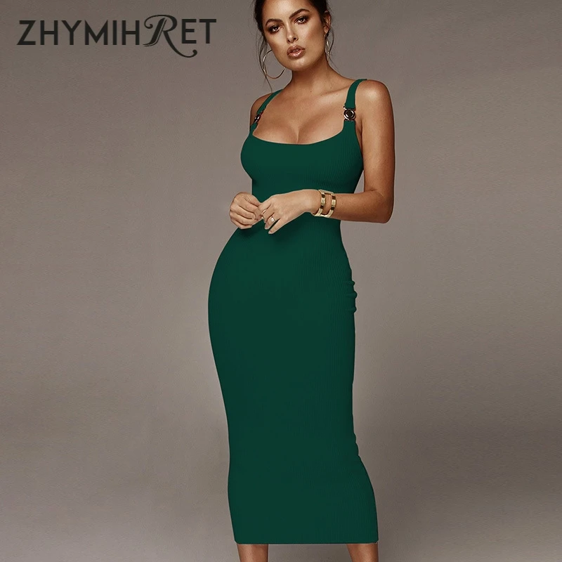 Женское длинное облегающее платье в рубчик ZHYMIHRET на бретелях с золотой пряжкой