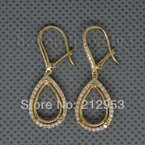 

New Vintage Pear 8x12mm Solid 14Kt Yellow Gold Semi Mount Setting Earrings, Drop Earring For Sale WE013