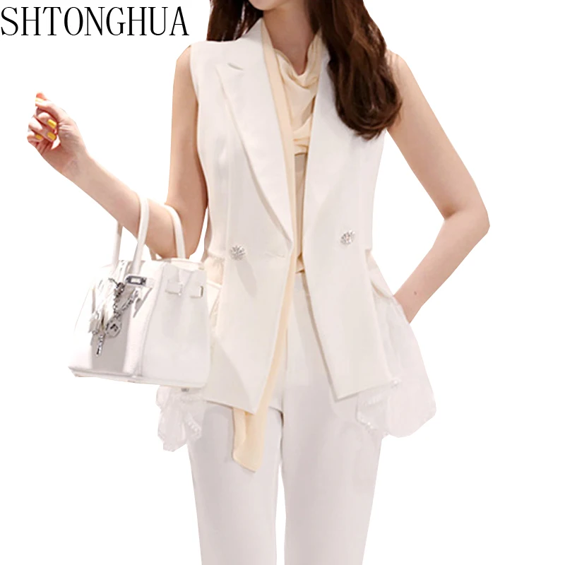 

SHTONGHUA 3 Pieces Suits Women 2019 Spring Silm Set Sleeveless jack Lace patchwork coat + Chiffon shirt + long pants Work Set