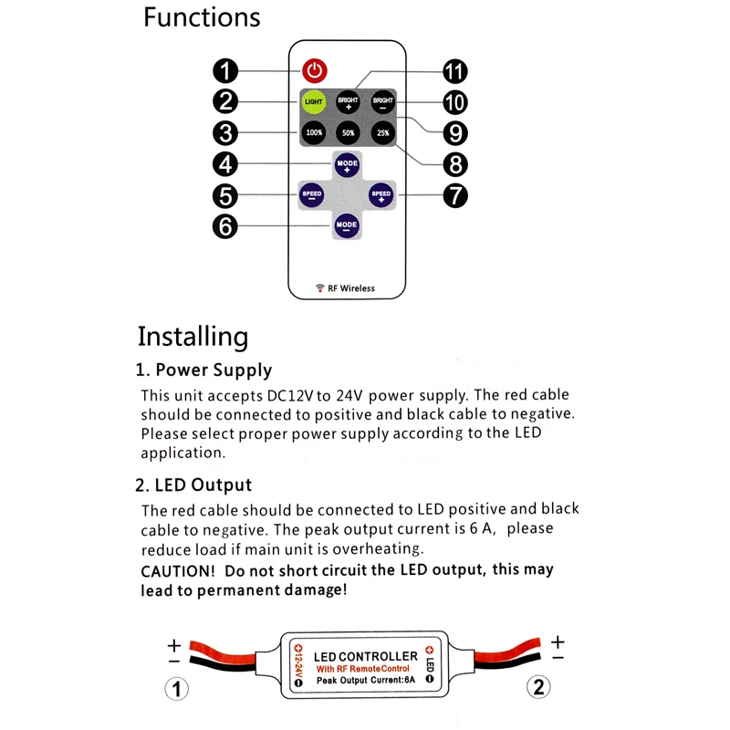 Светодиодный Одноцветный контроллер полосы DC12-24V DC/проводной разъем+ 11key RF беспроводной пульт дистанционного управления для светодиодной ленты затемнения