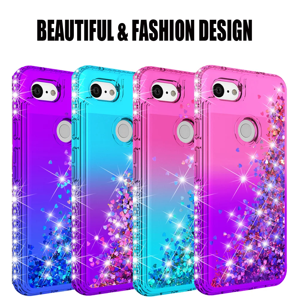 

Bling Phone Case For Google Pixel 3a Quicksand Liquid Sequin Glitter Diamond Hard Clear Back Cover Thin Slim Transparent 3a XL