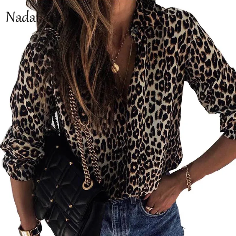 

Nadafair Long Sleeve Leopard Blouse Fashion 2018 Turn Down Autumn Chiffon Blouse Shirt Print 3XL Plus Size Top And Blouses Women