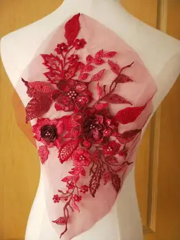 

10pieces beige and pink lace applique, heavy bead lace applique, 3D lace applique with rhinestones, 3d floral, 3d flower