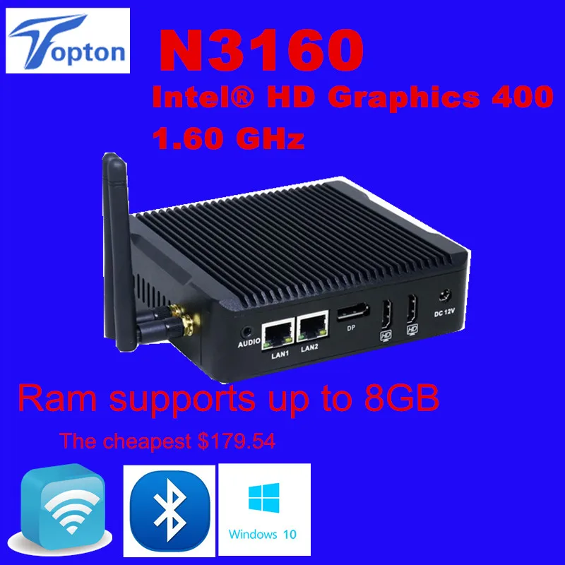 Topton Мини ПК Windows 10 Intel V7 N3160 Безвентиляторный Barebone компьютер 2 Lan HDMI 4K HTPC ТВ Коробка