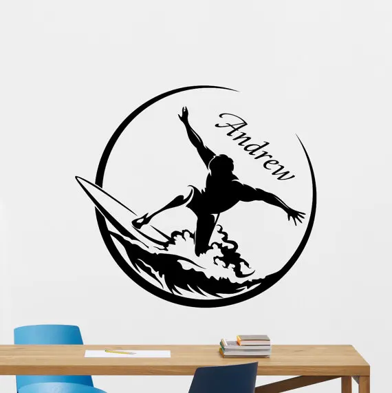 

Personalized Custom Name Surfer Surfing Sport Wall Decals Vinyl Art Surfing On The Sea Extreme Sport Wall Mural Home DecorY-947