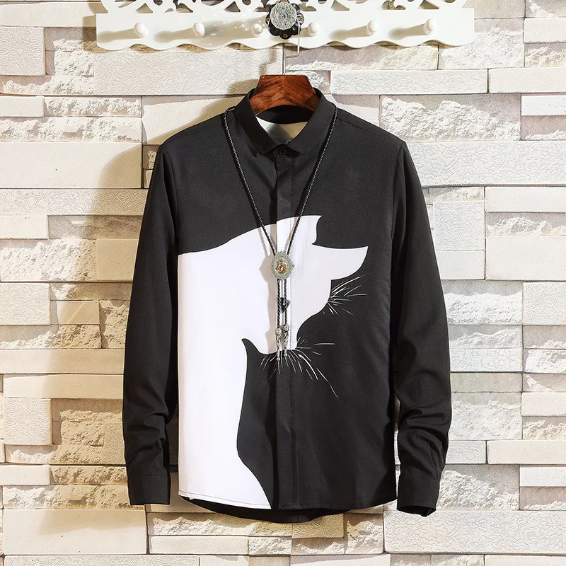

#0134 Spring Autumn Cat Print Mens Shirt Long Sleeve Slim Fit Hip Hop Streetwear Casual Shirts Male Black White Lapel Collar 5XL