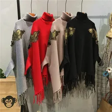 New autumn winter Runway black gray Embroidered bead ponchos and capes pullovers knitted wool sweater women christmas Coat 2122 New autumn winter Runway black gray Embroidered bead ponchos and capes pullovers knitted wool sweater women christmas Coat 2122