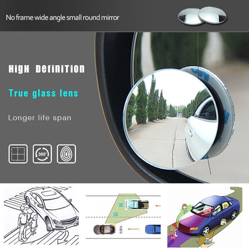 Alician HD 360 Degree Wide Angle Adjustable Car Rear View Convex Mirror Auto Rearview Mirror Vehicle Blind Spot Rimless Mirrors