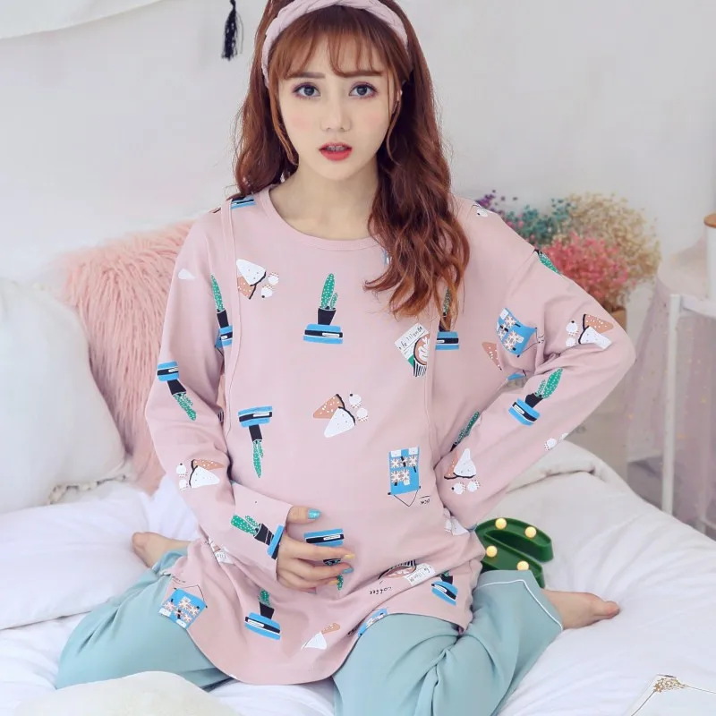 

Cotton Pregnant Woman Pajamas Maternal Confinement Postpartum Go Out Nurse Clothes Home Furnishing wear long Sleeve sleepwear