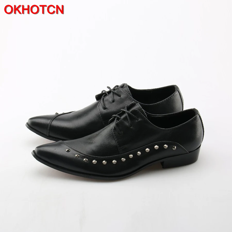 OKHOTCN Black Men Flats Genuine Soft Leather Casual Shoes Side Rivets