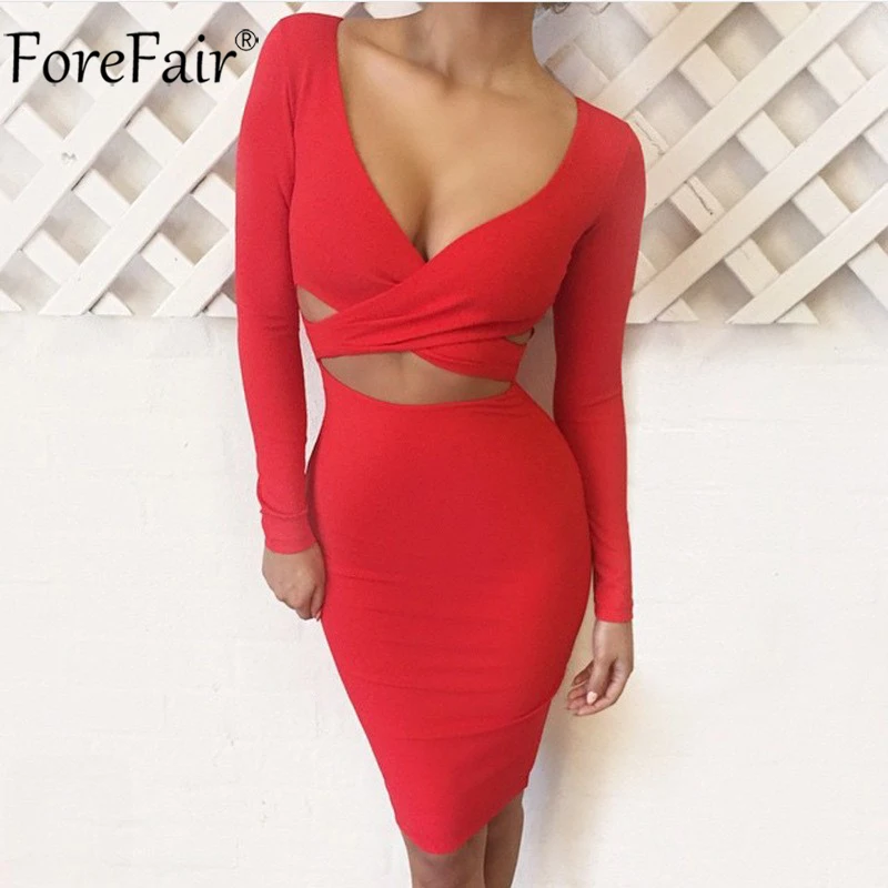 ForeFair с длинным рукавом Bodycon Midi Бандажное платье для женщин хлопок эластичные элегантные сексуальные платья белый черный красный Женское зимнее платье