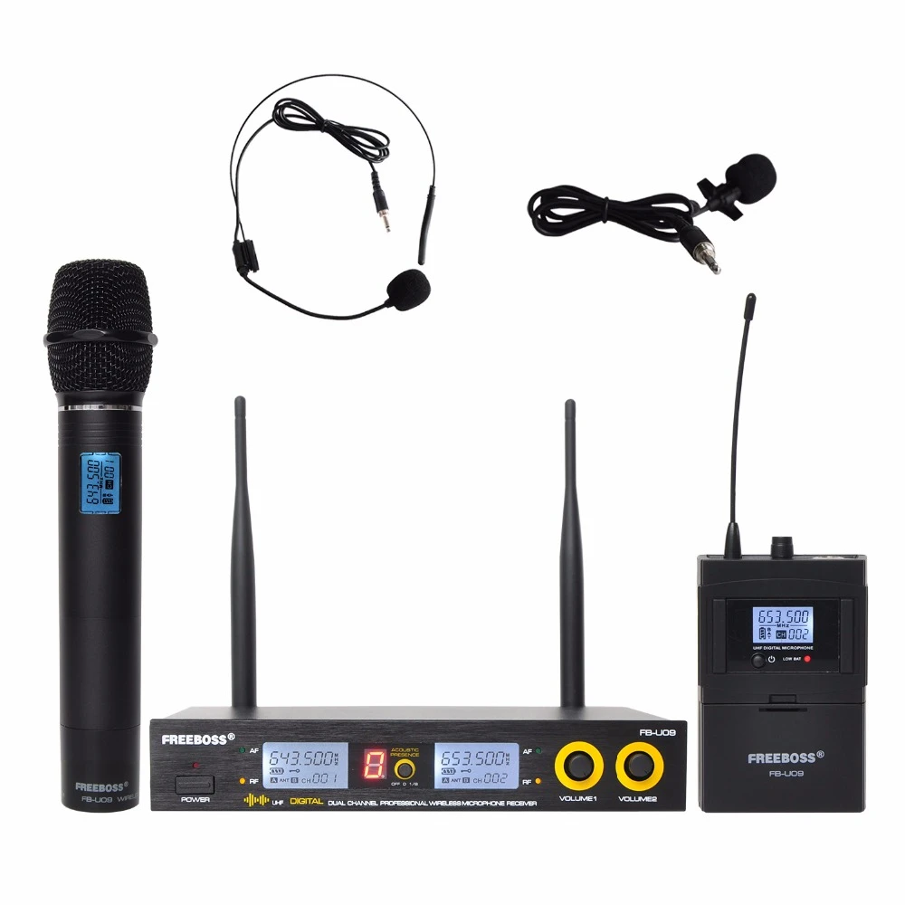 FB-U09H Dual Way Transmitter Digital UHF Wireless Microphone with handheld + Lapel + Headset microphone for Karaoke mic gaming microphone