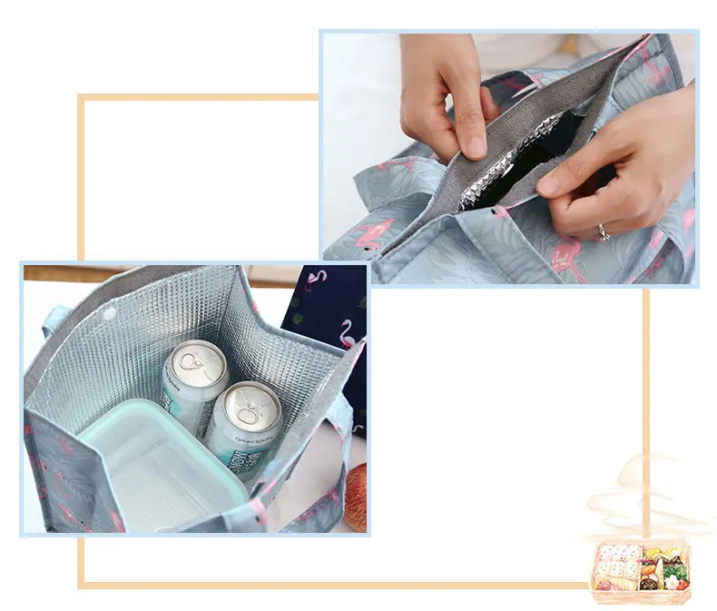 Милый рисунок принты внутренняя алюминиевая фольга сумка-холодильник для еды водонепроницаемый полиэфирный обруч и петля открывающийся складной термопакет для обеда