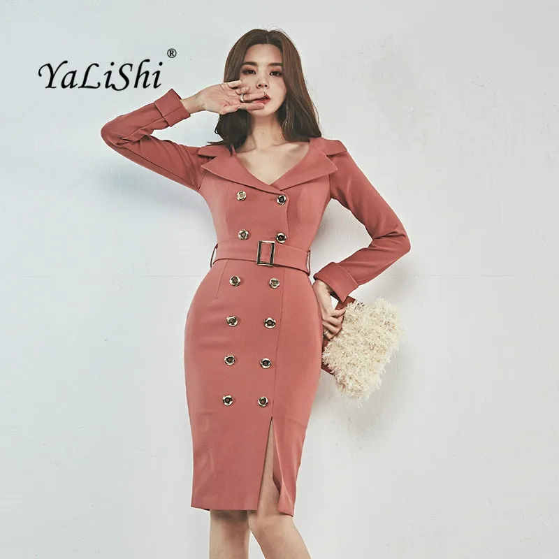 

Women Plus Size Pencil Dress Autumn Pink Full Sleeve Turn-down Collar Knee-length Elegant Work Button Dress Office Club Dresses