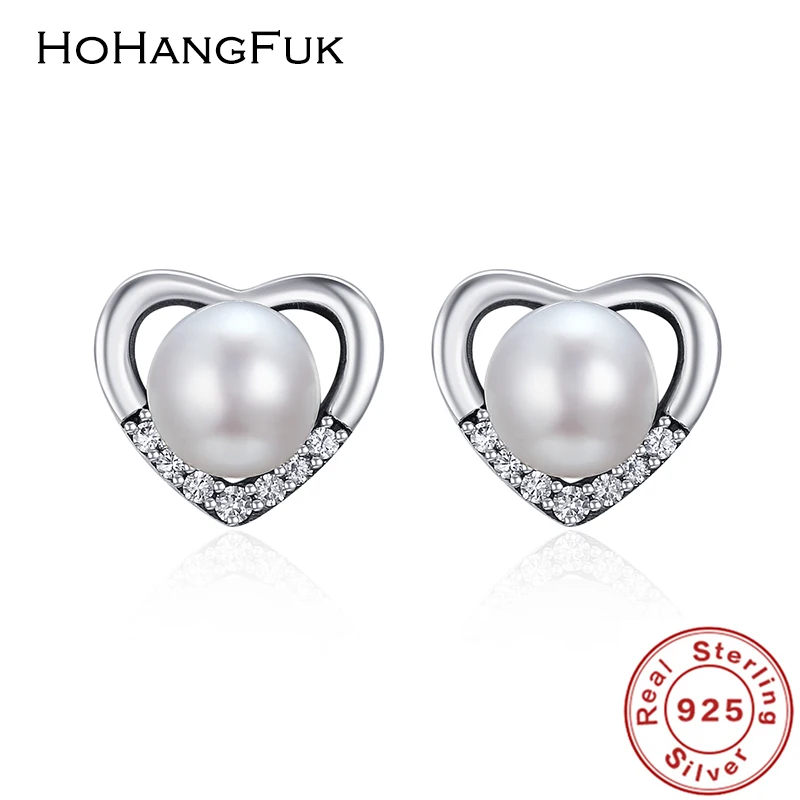 Hohangfuk 100% 925 серебро пресноводного жемчуга и ясно CZ Sweet Heart серьги стержня для Для