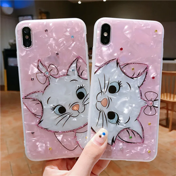 

Cartoon diamond Marie Cat Conch shell Soft Silicone Phone Case For iphone XS MAX Cute Pink girl Cover for iphone 6 6S 7 8 plus X