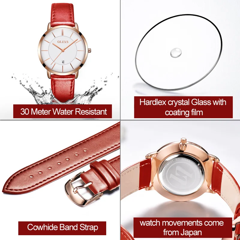 OLEVS Women's Watch Leather Belt Ultra thin Clock Rose Gold Milan Steel Belt Fashion Simple Date Waterproof Ladies Watch relogio