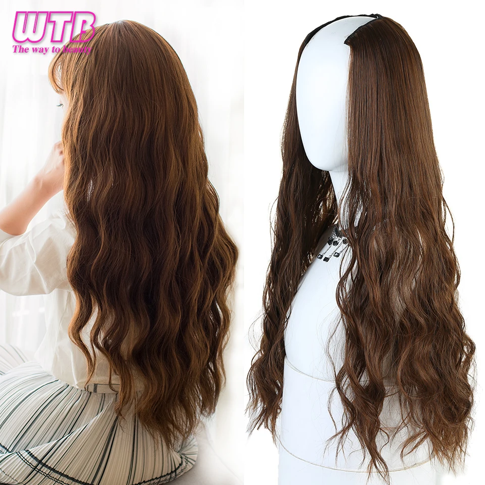

WTB Long Wavy Culry U-Shaped Half Wig for Women 24" Natural Female Long Black Brown Wigs Heat Resistant Synthetic Fake Hair