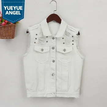 

Solid Black White Denim Jean Vest For Women Female New Fashion Outwear Streetwear Rivet Pockets Punk Style Tops Multi Color