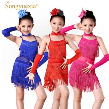 

Children Paillette Tassels Latin dance skirt Girl sleeveless hot Drill Latin skirt Salsa Dancewear Kids Dresses 3colors