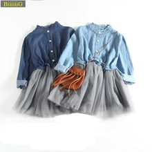 2017 Nova Marca Criança Crianças Vestidos para Meninas Do Bebê Primavera Outono Menina Vestido Denim Casual Malha Patchwork Princesa Traje vestido