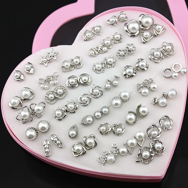 

36 pairs Mix Lot Silver Color Imitaton Pearls Earring Studs Allergy Free Star Flower Triangle Shapes