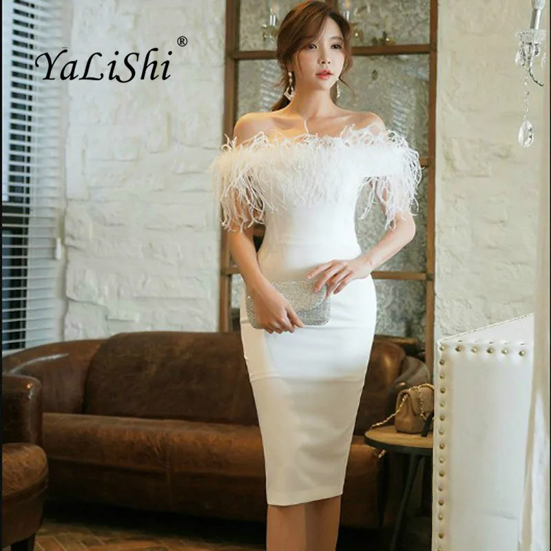 

Solid Spring Women Pencil Dress Plus Size White Black Off the Shoulder Slash Neck Knee-length Feathers Elegant Vintage Dresses