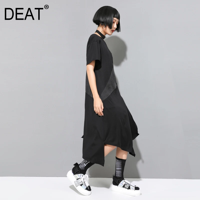 

[DEAT] 2019 New Spring Summer Round Neck Short Sleeve Black Loose Irregular Split Joint Temperament Dress Women Fashion JX499