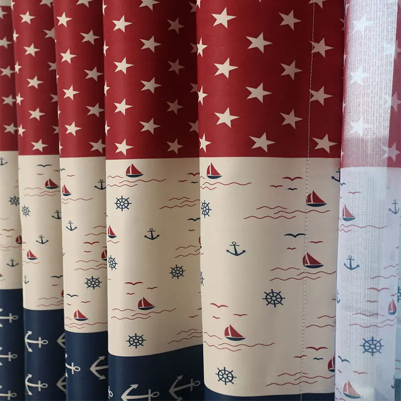 

Blue Mediterranean Cartoon Sailing Bedroom Window Blackout Curtains and Tulle for Children Quality Boys Room Drapes
